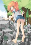  barefoot day feet green_eyes open_clothes open_shirt orange_hair original outdoors panties pantyshot sazaki_ichiri school_uniform shirt skirt soles solo toes underwear 