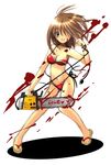  artist_request bikini blood blood_on_face brown_hair chainsaw copyright_request sandals solo swimsuit yellow_eyes 