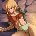  blonde_hair breasts brown_eyes cagalli_yula_athha cameltoe green_panties gundam gundam_seed haruyama_kazunori jewelry lowres lying medium_breasts midriff navel necklace no_pants panties short_hair solo sweat underwear 