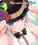  apple blue_eyes closed_mouth drill_hair face food fruit grapes hand_on_headwear hands hat kasukabe_akira lips lolita_fashion long_hair looking_at_viewer original ringlets sleeveless smile solo strawberry upper_body 