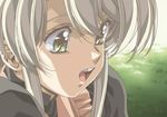  :d close-up face faye_(front_innocent) front_innocent grass green_eyes grey_hair long_hair looking_away open_mouth screencap shirt smile solo urushihara_satoshi 