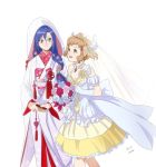  2girls black_eyes blue_hair bouquet breasts bridal_veil brown_hair cleavage dress fan flower folding_fan gloves hair_flower hair_ornament hood japanese_clothes kazanari_tsubasa kimono long_hair medium_breasts multiple_girls rose sasha_gladysh senki_zesshou_symphogear short_hair smile tachibana_hibiki_(symphogear) tassel uchikake veil wavy_hair wedding_dress white_gloves white_kimono wife_and_wife yellow_dress yellow_eyes yuri 