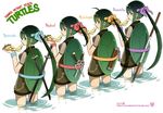  bandana belt bow chiba_sadoru donatello fishnets food genderswap genderswap_(mtf) glasses headband holding_pizza katana leonardo lineup michelangelo multiple_girls ninja nunchaku personification pizza raphael sai_(weapon) shell staff sword teenage_mutant_ninja_turtles water weapon 