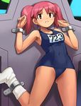  armpits bangs bdsm blue_swimsuit bondage bound bound_ankles bound_wrists breasts clenched_hands covered_navel frown haruyama_kazunori hinata_natsumi keroro_gunsou kneehighs leg_lift looking_at_viewer medium_breasts name_tag no_shoes number one-piece_swimsuit orange_eyes pink_hair school_swimsuit shadow short_hair short_twintails sideboob solo swimsuit tan twintails white_legwear wide_hips 