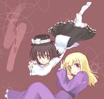  artist_request black_hair black_skirt blonde_hair dress hat hat_ribbon leg_up long_hair long_sleeves looking_at_viewer lying maribel_hearn multiple_girls on_side on_stomach orange_eyes purple_dress purple_eyes ribbon shirt simple_background skirt socks touhou usami_renko white_legwear white_ribbon white_shirt 