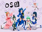  6+girls 95-tan 98-tan artist_request blue_skirt ce-tan glasses green_hair hare_hare_yukai holding japanese_clothes me-tan multiple_girls one_knee os-tan outstretched_hand parody pointing pose purple_background skirt star starry_background suzumiya_haruhi_no_yuuutsu xp-tan 