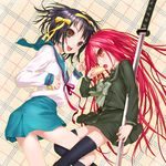  alastor_(shakugan_no_shana) bread brown_hair food jewelry kita_high_school_uniform leg_between_thighs melon_bread miniskirt multiple_girls pendant red_hair school_uniform serafuku shakugan_no_shana shana short_hair skirt suzumiya_haruhi suzumiya_haruhi_no_yuuutsu thighhighs uni zettai_ryouiki 