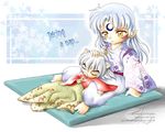  animal_ears artist_request brothers dog_ears inuyasha inuyasha_(character) male_focus multiple_boys petting pointy_ears sesshoumaru siblings sleeping younger 