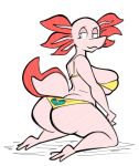  2018 3_toes aimbot-jones amphibian anthro axolotl big_breasts big_butt bra breasts butt clothing external_gills eyelashes female gills half-closed_eyes kneeling looking_back panties pinup pose rear_view salamander smile solo thick_thighs toes underwear zinnia_(ion80) 