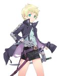  androgynous belt blonde_hair buckle fighting_stance green_eyes holding holding_weapon jacket long_sleeves looking_at_viewer nakatomi_ryou open_clothes open_jacket original sheath short_hair simple_background solo standing sword unsheathed weapon white_background 