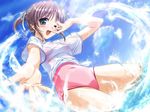  asagiri_mai bekkankou blush brown_hair dutch_angle green_eyes hair_ribbon happy navel one-piece_swimsuit one_eye_closed ribbon shirt short_hair smile solo splashing swimsuit t-shirt twintails water wet wet_clothes wet_shirt yoake_mae_yori_ruri_iro_na 