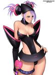  2007 black_leotard breasts cleavage collar covered_navel detached_sleeves hand_on_hip large_breasts leotard mole mole_under_eye original purple_eyes purple_hair ryu_(ryu's_former_site) science_fiction solo wand 