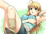  ahoge blonde_hair boots breasts camisole green_eyes green_shirt hoshii_miki idolmaster idolmaster_(classic) idolmaster_1 large_breasts long_hair lying miniskirt shirt skirt solo tanaka_shoutarou tongue 