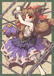  barefoot brown_hair chain fickle gourd grin horns ibuki_suika long_hair low-tied_long_hair red_eyes sleeveless smile solo touhou 