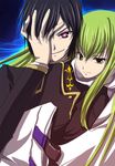  1girl bangs black_hair c.c. closed_mouth code_geass covering_one_eye eyebrows green_hair lelouch_lamperouge long_sleeves looking_at_viewer mikami_mika military military_uniform pink_eyes robe sidelocks smirk tsurime uniform 