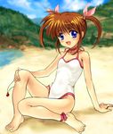  beach casual_one-piece_swimsuit choker day halterneck leg_ribbon lyrical_nanoha mahou_shoujo_lyrical_nanoha mahou_shoujo_lyrical_nanoha_a's mutsuki_(moonknives) one-piece_swimsuit purple_eyes raising_heart red_hair ribbon ribs sitting smile solo swimsuit takamachi_nanoha twintails 