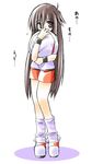  blue_(pokemon) blush brown_eyes brown_hair hat hat_removed headwear_removed holding holding_hat long_hair moe pokemon pokemon_(game) pokemon_frlg rascal shorts shy simple_background socks solo standing translated white_background 