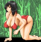  all_fours barefoot bent_over bikini black_hair breasts brown_eyes cleavage covered_nipples gegera hanging_breasts huge_breasts ichigo_100_percent puffy_nipples short_hair solo swimsuit toujou_aya 