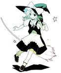  artist_request bangs blush bow broom clenched_teeth frilled_sleeves frills full_body hair_bow hat hat_bow kirisame_marisa long_hair looking_at_viewer monochrome shirt shoes short_sleeves skirt skirt_set socks solo standing star teeth touhou vest white_background witch_hat 