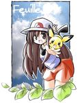  blue_(pokemon) brown_eyes brown_hair character_name cloud day french gen_2_pokemon hat leaf long_hair open_mouth outstretched_arms pichu pokemon pokemon_(creature) pokemon_(game) pokemon_frlg porkpie_hat rascal skirt smile translated 