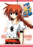  2007 ahoge blue_eyes braid fumihiro lyrical_nanoha mahou_shoujo_lyrical_nanoha mahou_shoujo_lyrical_nanoha_a's red_hair shirt solo t-shirt translated twin_braids vita 