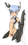  busou_shinki cropped_legs dark_skin expressionless gun headgear holding holding_weapon looking_at_viewer mecha_musume midriff navel red_eyes revealing_clothes shimada_fumikane silver_hair simple_background solo standing stomach strarf weapon white_background 