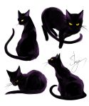  absurdres artist_name black_cat black_eyes cat cat_focus from_behind from_side highres looking_at_viewer looking_back multiple_views no_humans original sheya signature simple_background sitting whiskers white_background yellow_sclera 