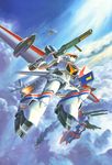  artist_request battle cloud d-1 d-2 day fire flying gun highres kikou_senki_dragonar mecha no_humans official_art oldschool production_art rifle weapon 