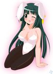  animal_ears black_hair blush breasts bunny_ears bunnysuit cleavage hidamari_sketch large_breasts long_hair one_eye_closed pantyhose rodori_gesu solo yoshinoya 