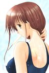  adjusting_hair azuma_yuki back breasts brown_eyes brown_hair copyright_request covered_nipples food from_behind large_breasts lens_flare mouth_hold nape neck one-piece_swimsuit popsicle signature solo swimsuit wet 