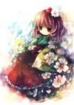  bow brown_hair bug butterfly flower hair_flower hair_ornament hieda_no_akyuu insect japanese_clothes no_nose onineko red_eyes sitting smile solo touhou wide_sleeves 