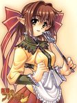 apron bow brown_eyes brown_hair hair_bow ikeda_yasuhiro lowres mugen_no_fantasia pointy_ears short_hair simple_background smile solo spatula 