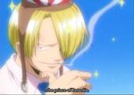  blue_background hair_over_one_eye male_focus one_piece sanji screencap solo subtitled what 