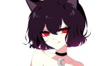  1girl :q animal_ears bangs bare_shoulders black_choker black_hair cat_ears choker collarbone crescent crescent_choker eyebrows_visible_through_hair hair_between_eyes highres looking_at_viewer original portrait red_eyes sheya short_hair simple_background smile solo tongue tongue_out white_background 