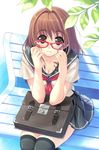  :3 bag bench brown_eyes brown_hair glasses ikeda_yasuhiro leaf lips looking_up original school_bag school_uniform skirt solo thighhighs 