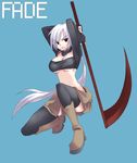  arms_behind_head arms_up black_eyes black_legwear blue_background boots breasts knee_boots long_hair medium_breasts ment midriff one_knee original scythe serious simple_background solo squatting thighhighs underboob white_hair 