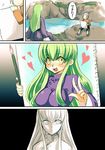  1girl :d artist_request bangs breasts c.c. china_dress chinese_clothes cliff code_geass comic dress green_hair heart holding index_finger_raised large_breasts long_hair looking_at_viewer mao_(code_geass) open_mouth painting_(object) river sidelocks sitting smile turn_pale upper_body w water yellow_eyes 