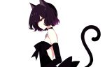  1girl animal_ears bangs bare_shoulders black_bow black_choker black_dress black_gloves black_hair bow cat_ears cat_tail choker crescent crescent_choker dress elbow_gloves eyelashes from_side gloves hair_between_eyes highres original red_eyes sheya simple_background smile solo strapless strapless_dress tail upper_body white_background 