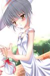  blush comic dress grey_hair hat nagato_yuki shiny shiny_skin shiranagi short_hair solo sundress suzumiya_haruhi_no_yuuutsu yellow_eyes 