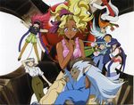  6+girls 90s blonde_hair blue_eyes blue_hair dark_skin facial_mark forehead_mark green_hair hakubi_washuu highres kamiki_noike_jurai kuramitsu_mihoshi masaki_aeka_jurai masaki_sasami_jurai masaki_tenchi multiple_girls pantyhose purple_hair red_hair ribbon_bangs ryou-ouki ryouko_(tenchi_muyou!) spiked_hair tenchi_muyou! twintails 