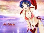  ai_yori_aoshi artist_request bikini blue_eyes blue_hair blush christmas fur_trim gloves hat red_gloves sakuraba_aoi santa_costume santa_hat side-tie_bikini solo swimsuit 