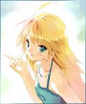  bare_shoulders blonde_hair camisole closed_mouth collarbone eyebrows_visible_through_hair green_shirt hoshii_miki idolmaster idolmaster_(classic) idolmaster_1 jewelry light_smile long_hair looking_at_viewer necklace shirt simple_background solo ueda_ryou upper_body very_long_hair white_background 