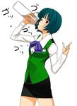  a1 drinking green_hair idolmaster idolmaster_(classic) idolmaster_1 otonashi_kotori red_eyes short_hair solo standing 