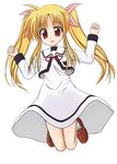  :d ahoge arms_up bare_legs blonde_hair blush brown_footwear fate_testarossa full_body jumping loafers long_hair long_sleeves looking_at_viewer lyrical_nanoha mahou_shoujo_lyrical_nanoha mahou_shoujo_lyrical_nanoha_a's mugityax open_mouth red_eyes red_ribbon ribbon school_uniform seishou_elementary_school_uniform shoes sidelocks simple_background smile solo twintails white_background 