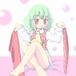  artist_request bottomless crossed_legs dressing green_hair kazami_yuuka no_nose plaid plaid_skirt plaid_vest red_eyes short_hair sitting skirt skirt_set smile solo touhou vest 