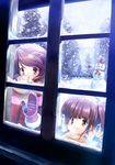  :o against_glass breath brown_eyes brown_hair gloves hand_on_window hanpen mittens multiple_girls original scarf smile snow snowing snowman tree window 