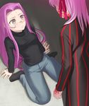  dark_sakura denim fate/stay_night fate_(series) glasses jeans leaning_back long_hair matou_sakura multiple_girls pants purple_hair rider sitting sweat uni wariza you_gonna_get_raped 