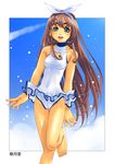  aqua_eyes barefoot blush brown_hair casual_one-piece_swimsuit cleavage_cutout day frilled_swimsuit frills hair_ribbon hairband heart ikeda_yasuhiro long_hair one-piece_swimsuit original ribbon sleeveless sleeveless_turtleneck solo sparkle standing standing_on_one_leg swimsuit turtleneck very_long_hair white_swimsuit 