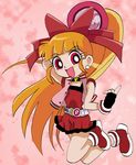  akazutsumi_momoko artist_request bangs belt black_gloves blunt_bangs bow buckle dress earrings fingerless_gloves full_body gloves hair_bow hyper_blossom index_finger_raised jewelry jumping looking_at_viewer lowres ponytail powerpuff_girls_z red_bow red_dress red_eyes solo 
