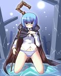  blue_eyes blue_hair bottomless cape glasses kneeling navel panties shinshin solo staff striped striped_panties tabitha underwear zero_no_tsukaima 